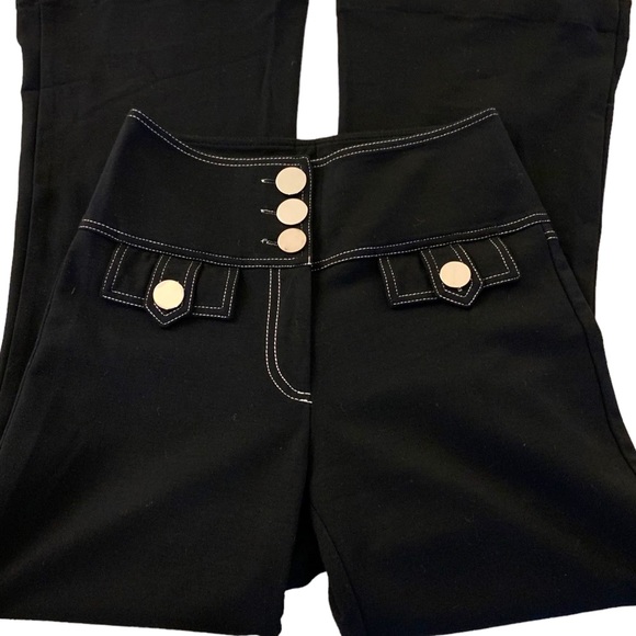 New black trousers white stitching gold shiny buttons tight fit wide flare size4 - Picture 2 of 10